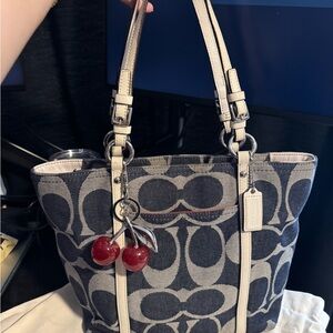 Coach Denim Tote with Red Cherry Charm FREE SHIPPING